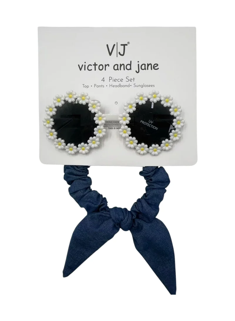 Victor And Jane  Baby Girls 4 pc Set - Denim Look Top & Culotte Pants Set with Lace Details for Women | Best Price UAE